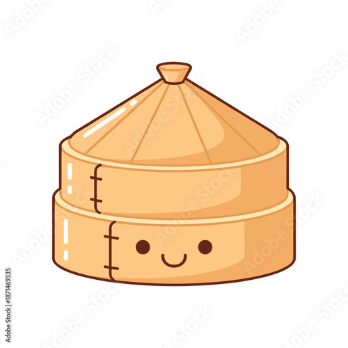 Cute and cheerful cartoon illustration of a traditional bamboo steamer with a smiling face