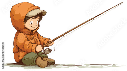 Young Boy Fishing Vector Illustration on White Background
