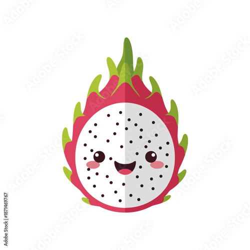 Cute cartoon dragon fruit character with smiling face, vibrant colors, and whimsical design