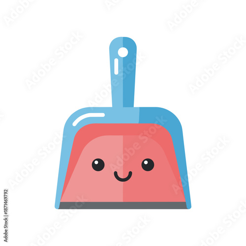 Cute cartoon dustpan with a smiling face, set against a simple white background, ideal for children's cleaning themes