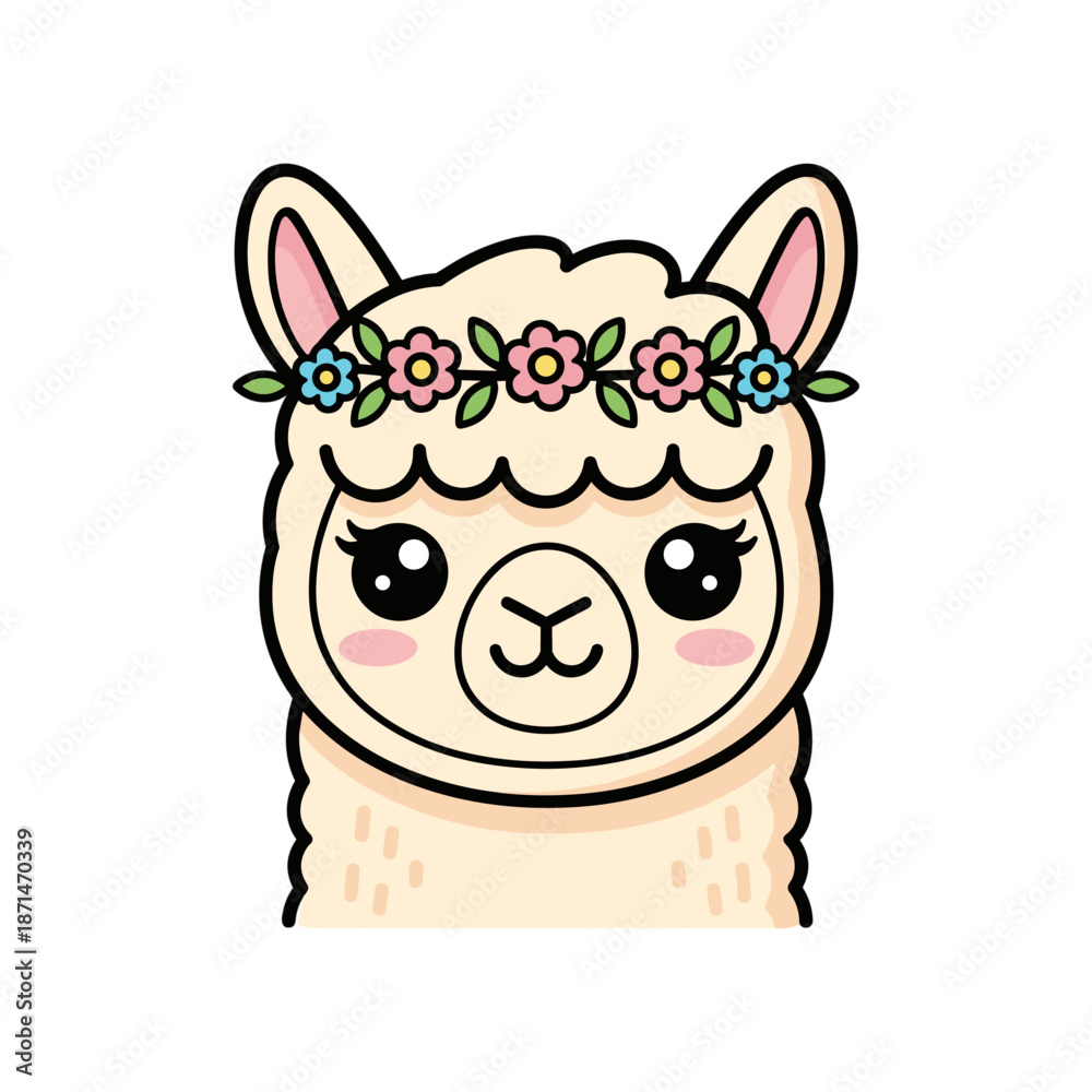 Fototapeta premium Cute cartoon llama with a floral crown, smiling brightly against a white background (1)