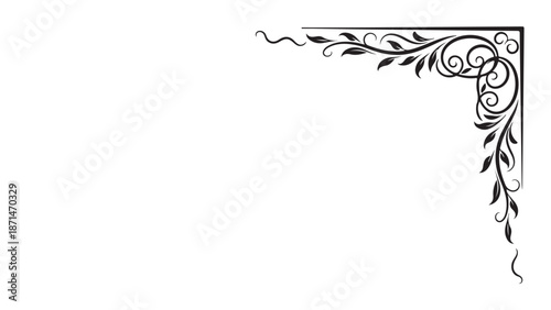 Elegant Black Floral Scroll Corner Ornament on White Background