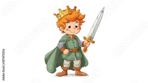 Young Prince Boy Cartoon Character with Sword - Vector Illustration