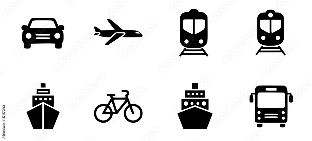 Fototapeta premium eight black silhouette icons representing different modes of transportation