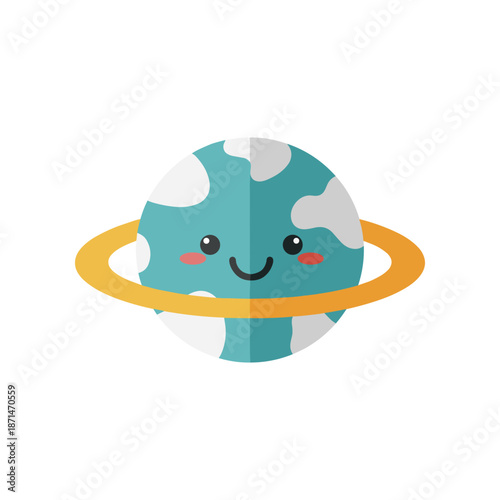 Cute cartoon planet with rings, smiling face, ideal for children's educational content