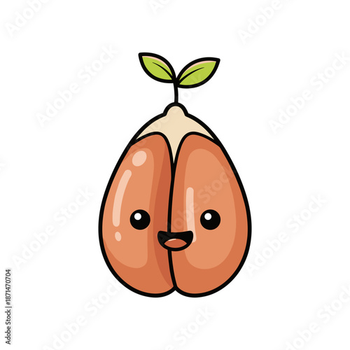 Cute cartoon seed character with a smiling face and green leaf sprouting on top