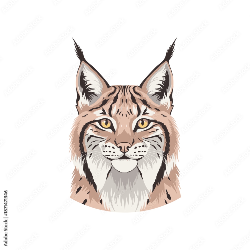 Fototapeta premium Lynx head illustration featuring detailed fur patterns and striking yellow eyes against a plain background