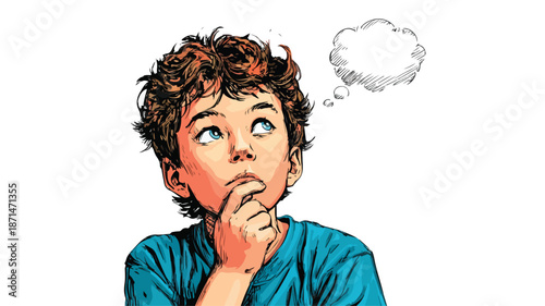 Thoughtful Young Boy Illustration on White Background with Outline