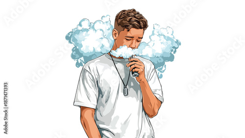 Young Boy Vaping Vector Illustration on White Background with Outline Isolated