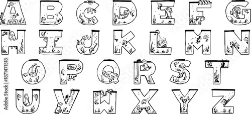 Rare font set, alphabet and numbers, letters in the shape of an aquarium with a fish and a cat peeking out, special, fun, cute.