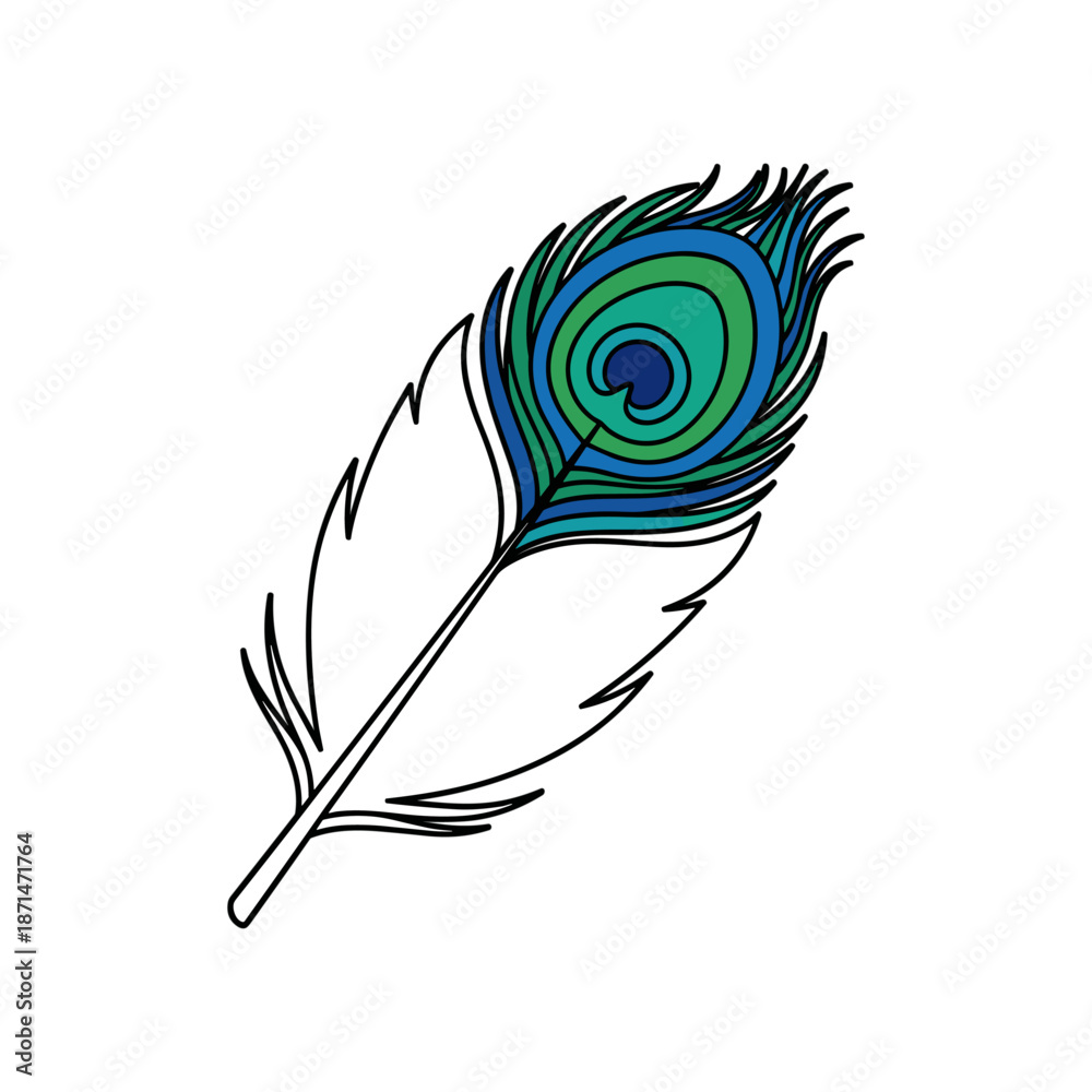 Obraz premium Vibrant peacock feather illustration with intricate patterns and vivid colors on a white background