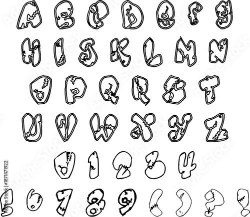 Rare set of fonts, alphabet and numbers, Frankenstein-style letters, special.