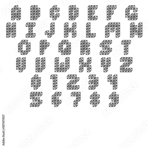 A rare set of fonts, alphabet and numbers, letters formed by cubes.