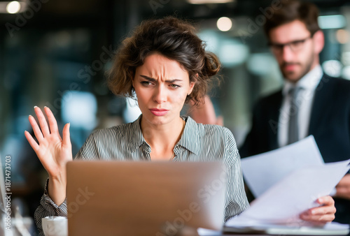 Frustrated businesswoman looking at laptop screen in office, holding documents with coworker in blurred background, expressive face, modern workspace, eye-level, natural lighting.