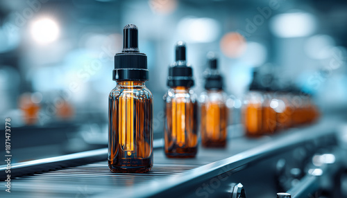 Amber glass bottles with droppers move along automated assembly line in pharma factory. Production process for medicine or cosmetic