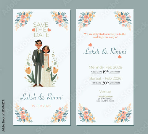Traditional Royal Wedding Invitation card design with Bride and Groom Welcoming illustration	