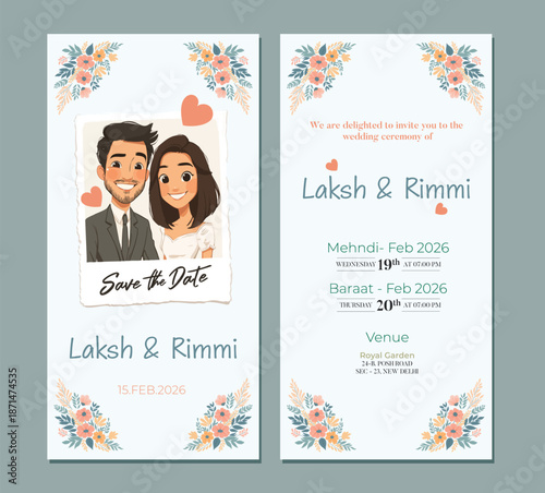Traditional Royal Wedding Invitation card design with Bride and Groom Welcoming illustration	