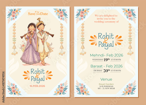 Traditional Royal Wedding Invitation card design with Bride and Groom Welcoming illustration	