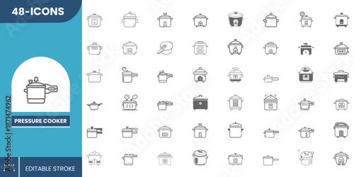 Pressure Cooker Icon Set Editable – Kitchen Appliance, Cooking Pot, Steam Cooker, Home & Restaurant Vector Icons