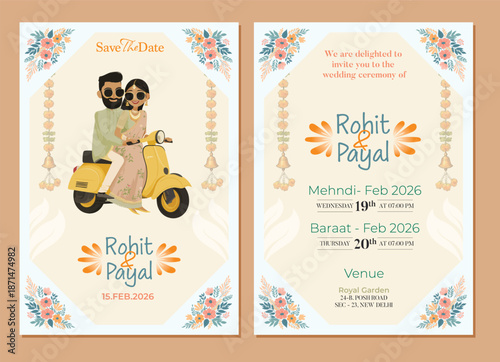Traditional Royal Wedding Invitation card design with Bride and Groom Welcoming illustration	