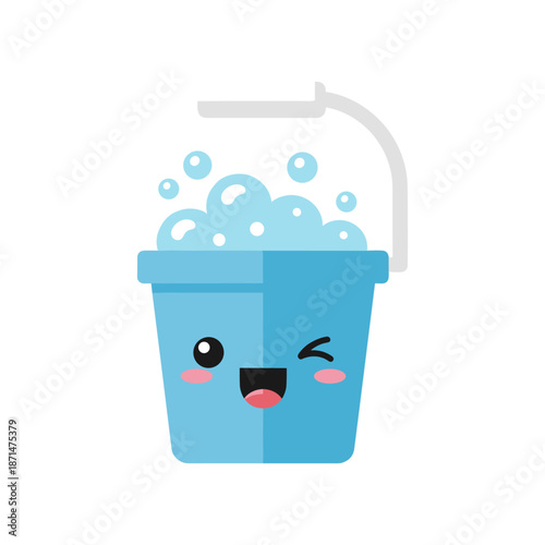 A cheerful blue bucket filled with bubbles, showcasing a playful character design