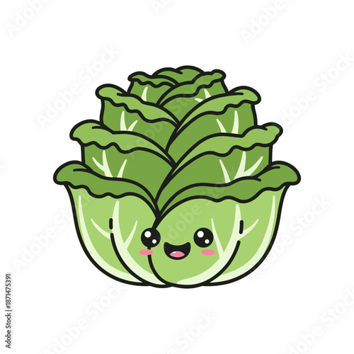 A cheerful cartoon cabbage with a smiling face, showcasing vibrant green leaves, perfect for food-related themes