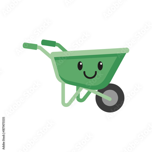 A cheerful green wheelbarrow with a smiling face, symbolizing gardening and outdoor work, on a white background