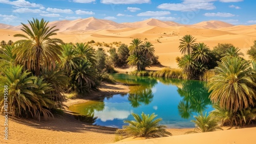 Oasis in a vast desert with lush palm trees and clear water.