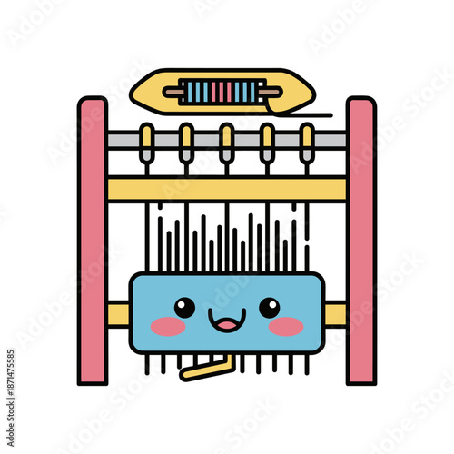 A cheerful weaving loom with a smiling face, surrounded by colorful threads, in a bright studio