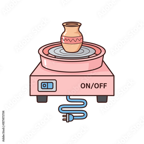 A pottery wheel with a clay vase in the center, showcasing the art of pottery making indoors