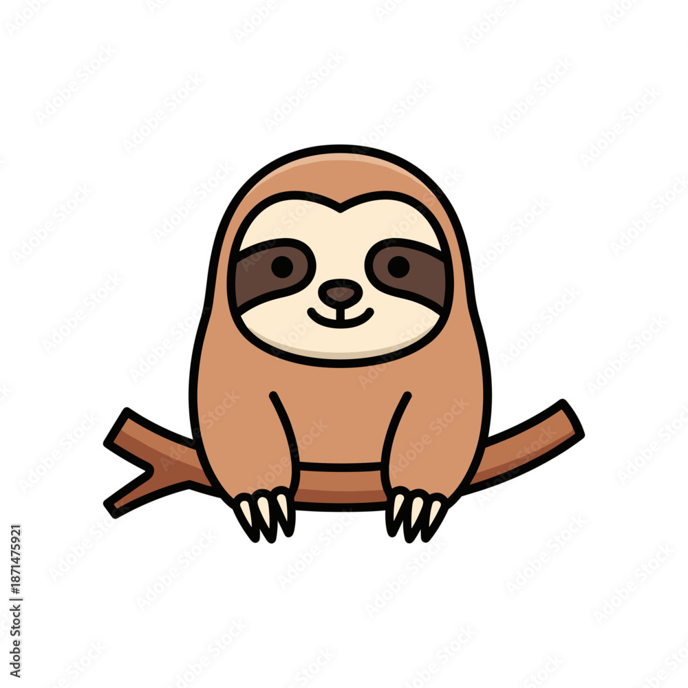 Fototapeta premium Cartoon sloth sitting on a branch, smiling, with a simple white background, ideal for children's content