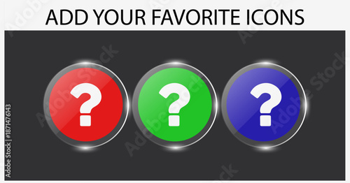 Tri-Color Mystery Buttons, rgb buttons, red green blue circles, glowing UI elements, metallic rim buttons, glossy interface design, digital color model, abstract button layout, futuristic UI template,