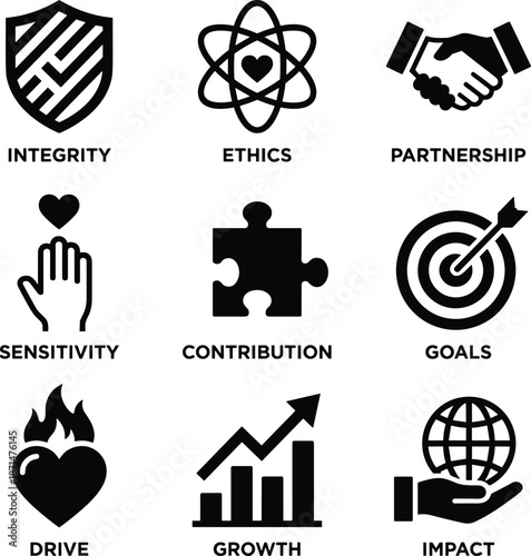 Core values icons, integrity, ethics, partnership, sensitivity, contribution, goals, drive, growth, impact, flat vector illustration