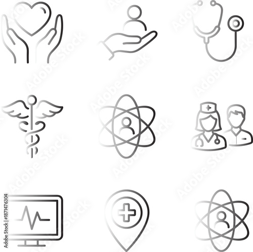 Healthcare icons, patient care, compassion, diagnostics, medical practice, professionals, facilities, personalized medicine, gradient style, flat vector illustration