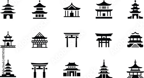 Set of solid black silhouettes featuring traditional East Asian architecture, including pagodas, temple gates, torii gates, and tiered pavilions.