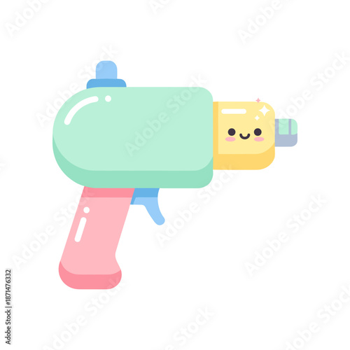 Colorful cartoon-style water gun with a smiling face, set against a minimalistic white background
