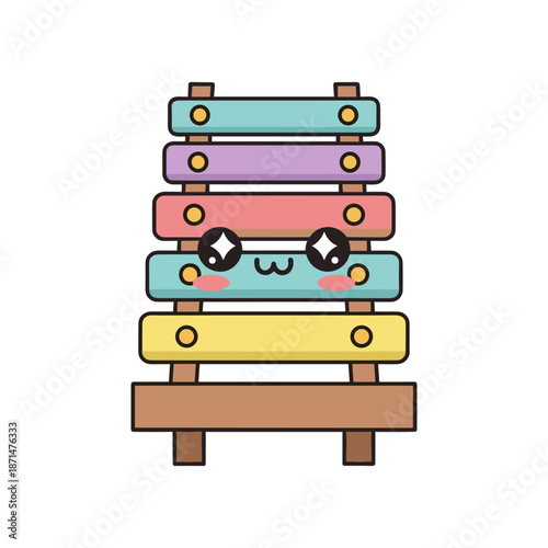 Colorful cartoon xylophone with a cheerful face, set against a simple white background