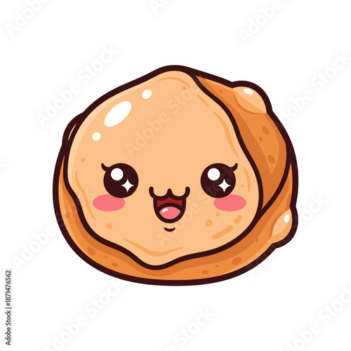 Cute cartoon character of a smiling pastry with a shiny glaze on a white background