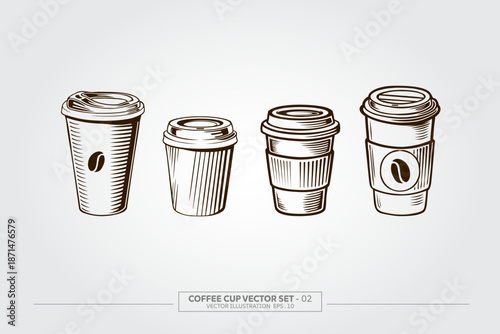 Hand drawn coffee to go, hand drawn illustration isolated on white. Takeaway cup with lid. Black and white line drawing.
