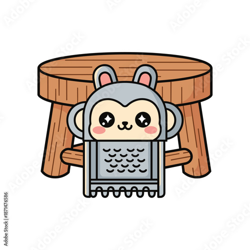 Cute cartoon character resembling a grater with animal features sitting on a wooden stool, playful scene