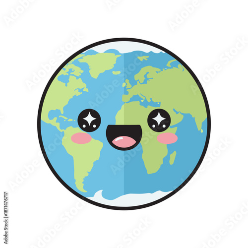 Cute cartoon Earth with a smiling face and sparkling eyes, representing happiness and positivity