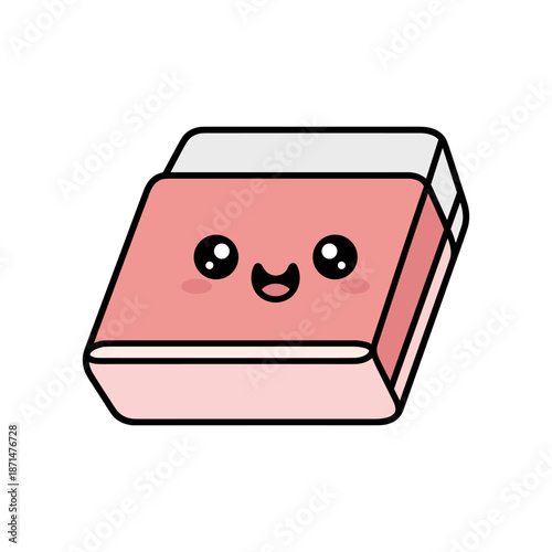 Cute cartoon eraser with a smiling face, set against a simple white background, ideal for stationery