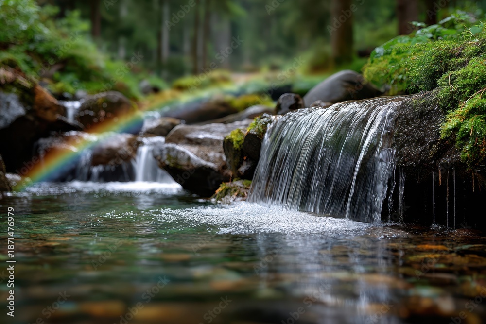 Obraz premium Rainbow over a small waterfall in a forest stream