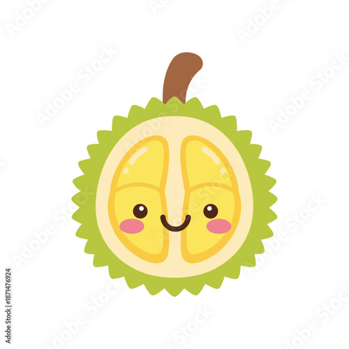 Cute cartoon illustration of a smiling durian fruit with a green exterior and yellow flesh