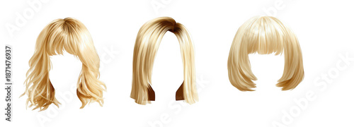 set of three blonde hair wigs isolated on a white background