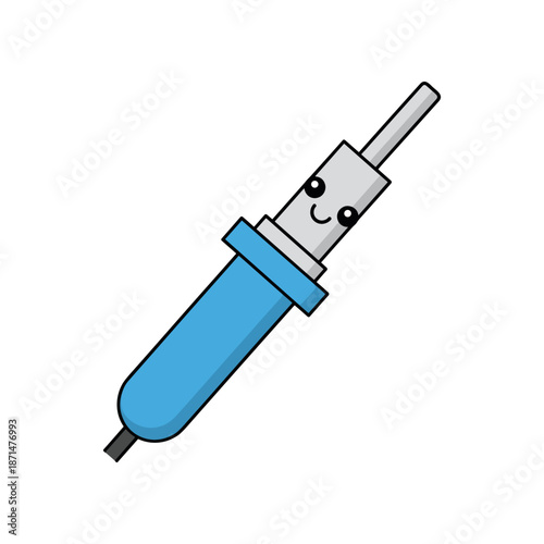 Cute cartoon illustration of a smiling soldering iron with a blue handle, suitable for educational materials