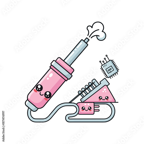 Cute cartoon illustration of a soldering iron, microchip, and circuit board with playful expressions