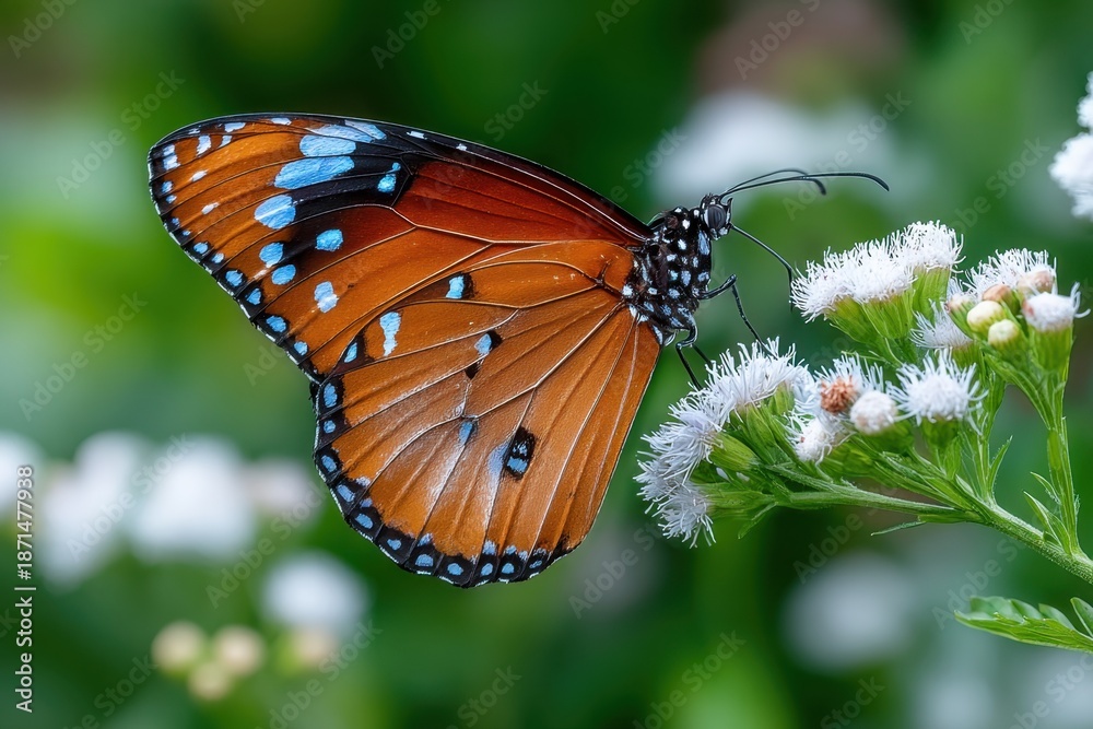 Naklejka premium Butterfly with blue spots on orange wings on white flower