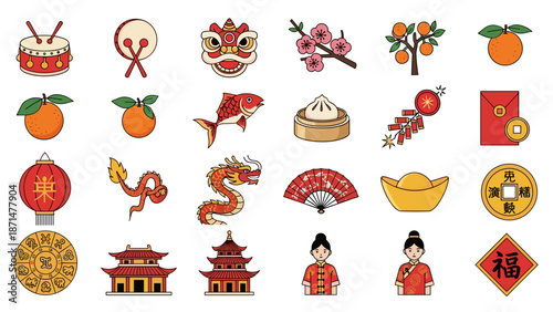 Chinese new year icons and symbols for lunar celebration