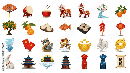 Collection of various chinese new year icons and symbols